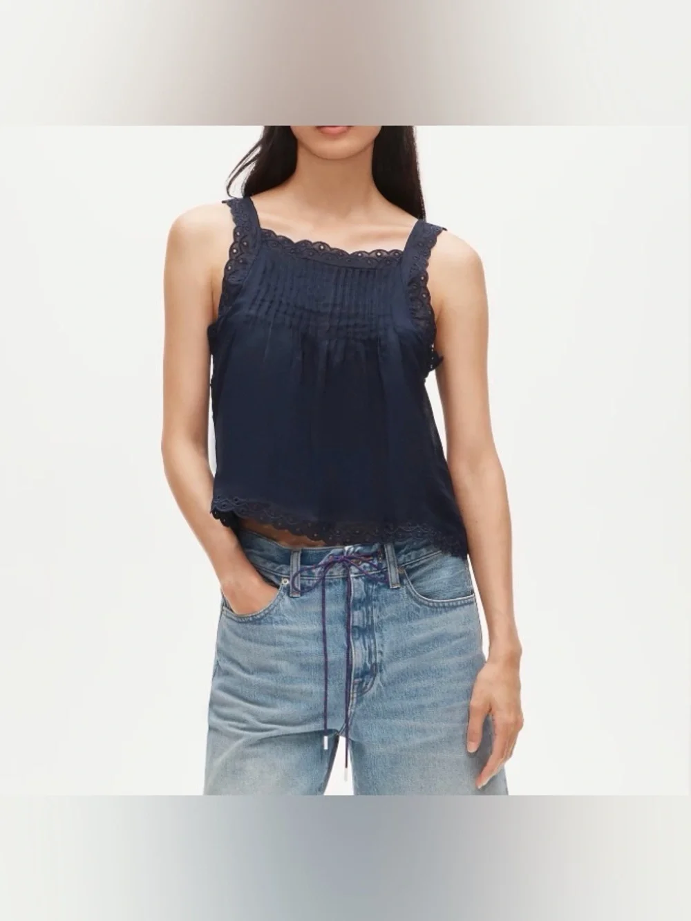 J.Crew. Scallop-trim tank top in ramie.Navy blue. XXS. New without tags.